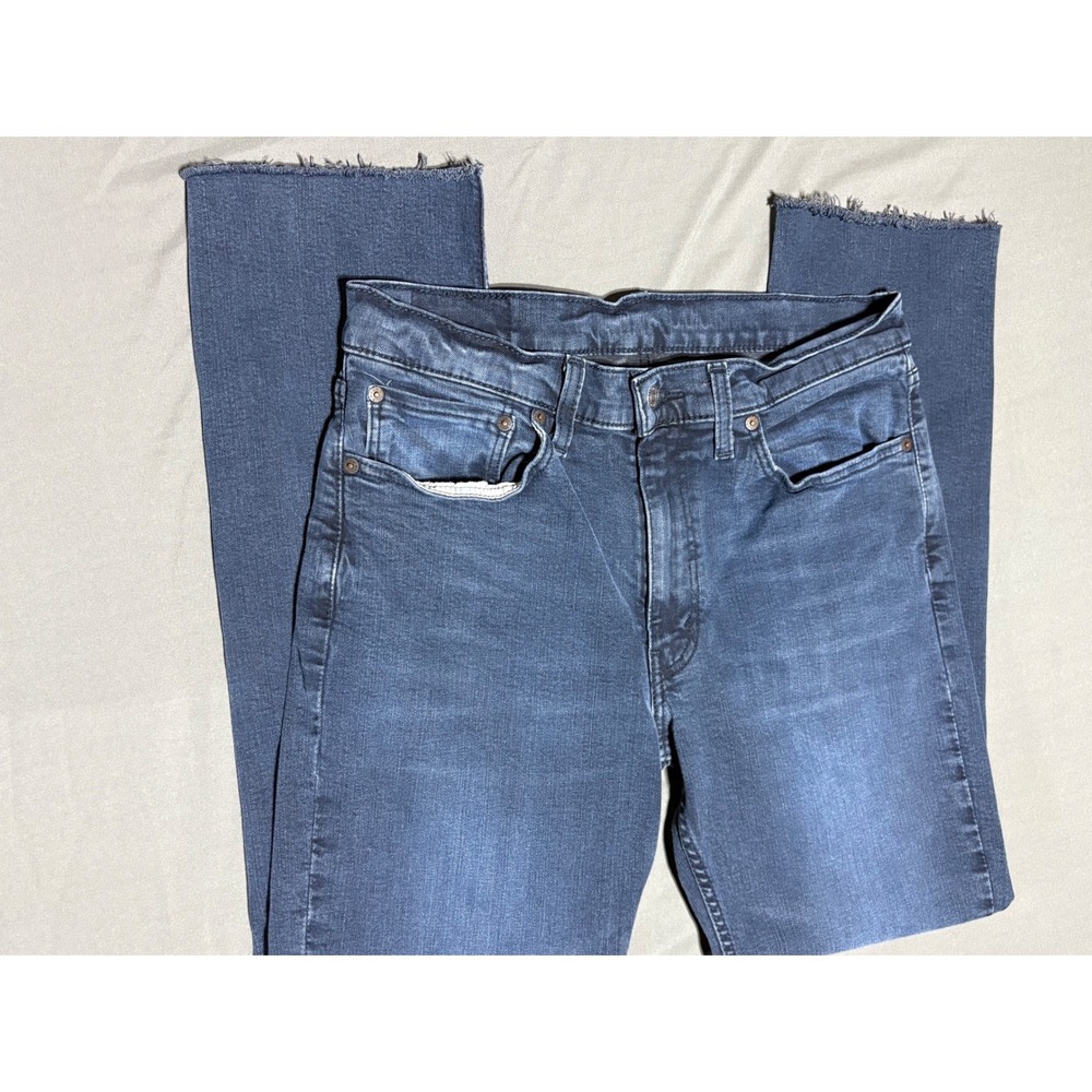 Levis 514 Straight Fit Jeans Mens 34x34 Dark Wash Frayed Raw Hem Blue Denim